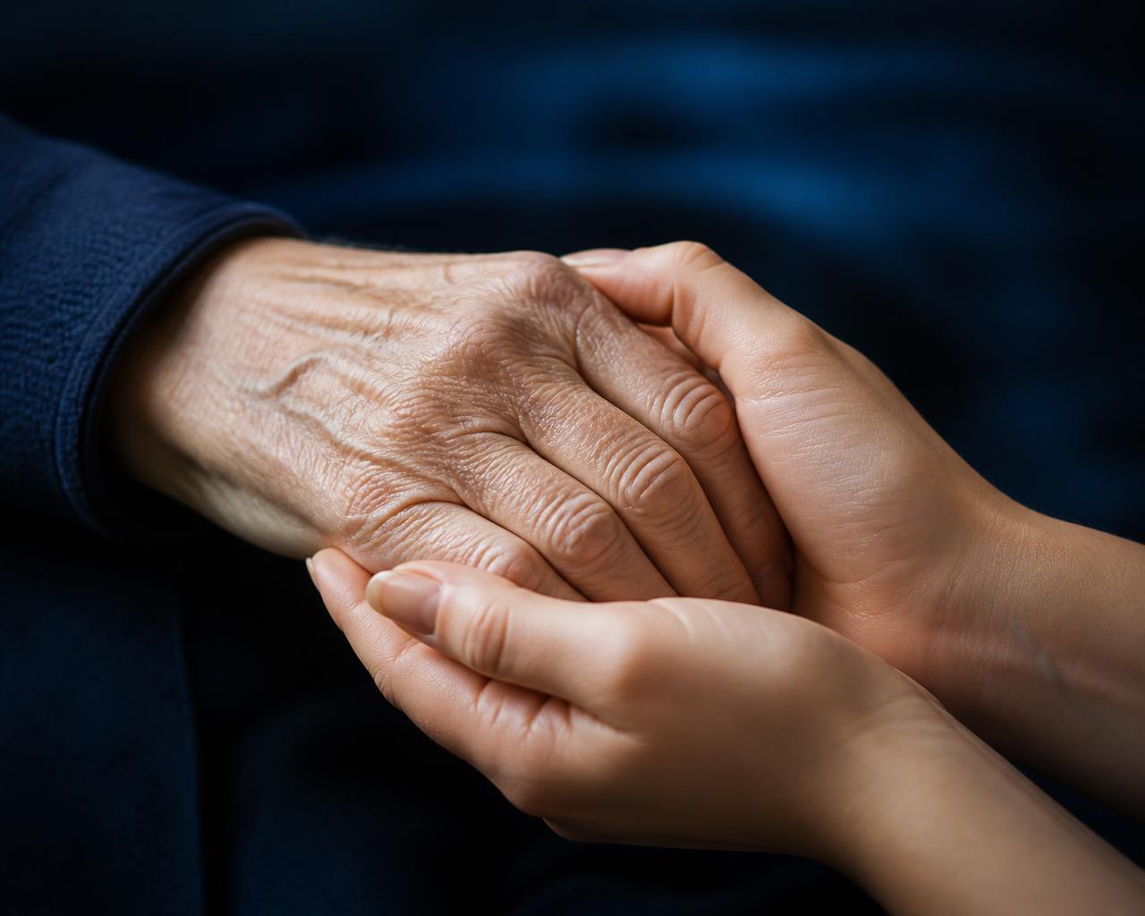 Mãos de duas gerações unidas, representando o cuidado e a proteção da família